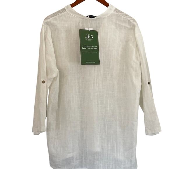 NWT Linen Blend White Roll Tab Sleeve Button V-Neck Pullover Tunic Cover-Up L - Picture 4 of 9